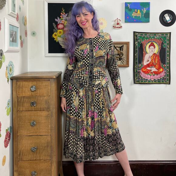 Vintage Faux Patchwork Print Dress, 1990s Bohemian Rayon Midi, Sz M April Rain - Picture 1 of 13
